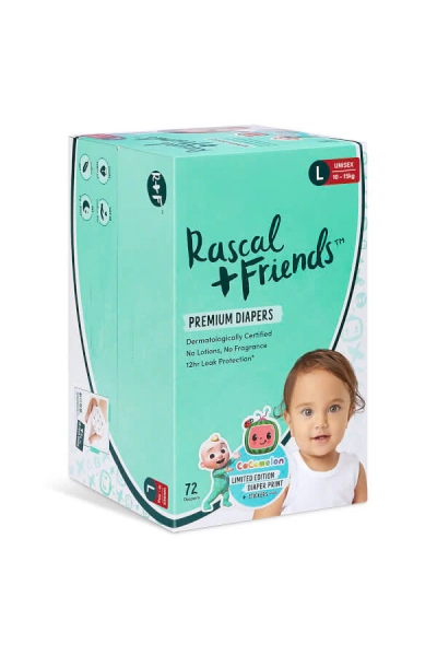 Thùng Tã dán Rascal + Friends Cocomelon (L,10-15kg, 72 miếng) kèm sticker ngẫu nhiên