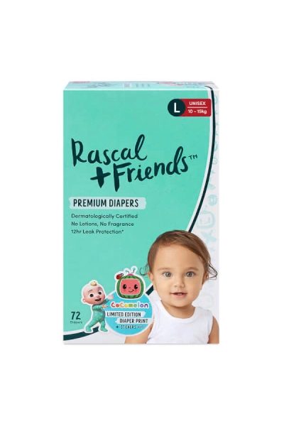 Thùng Tã dán Rascal + Friends Cocomelon (L,10-15kg, 72 miếng) kèm sticker ngẫu nhiên