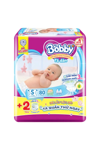 Tã dán Bobby siêu thấm - khô thoáng (S, 4-8kg, 80 miếng) (giao bao bì ngẫu nhiên)