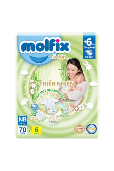 Bỉm tã dán Molfix thiên nhiên (Newborn,< 5kg, 70 miếng) (giao mẫu ngẫu nhiên)